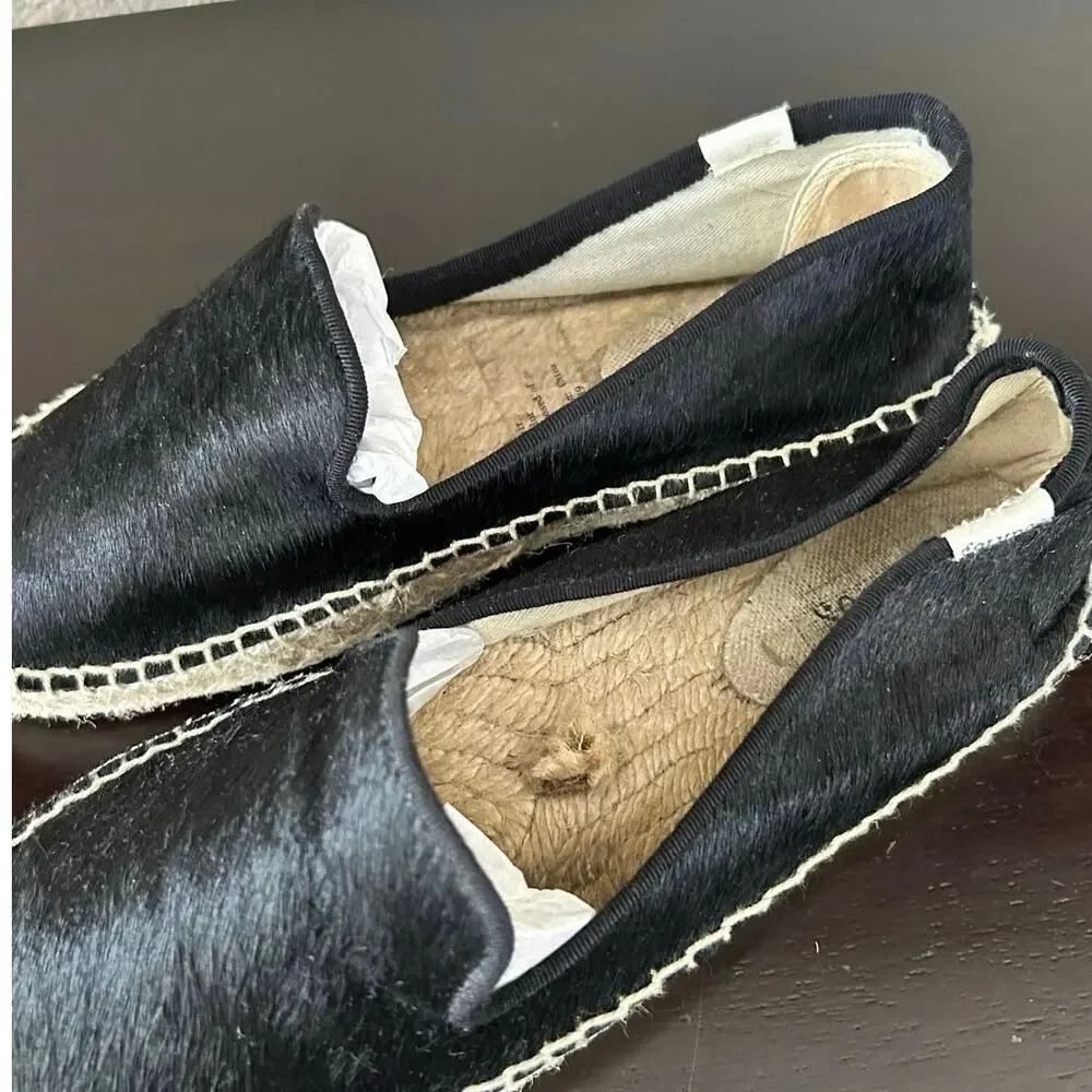 Soludos Black Calf Hair Espadrille Flats Size 8 Slip On Jute Casual Summer Shoe